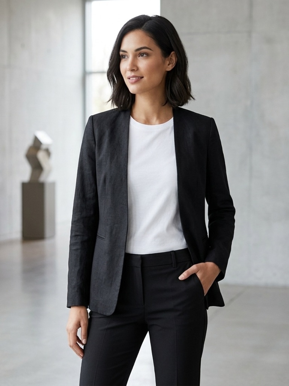 Theory Minimalist Dark Academia Linen Open Jacket Blazer Sz-4 Corpcore Scandi